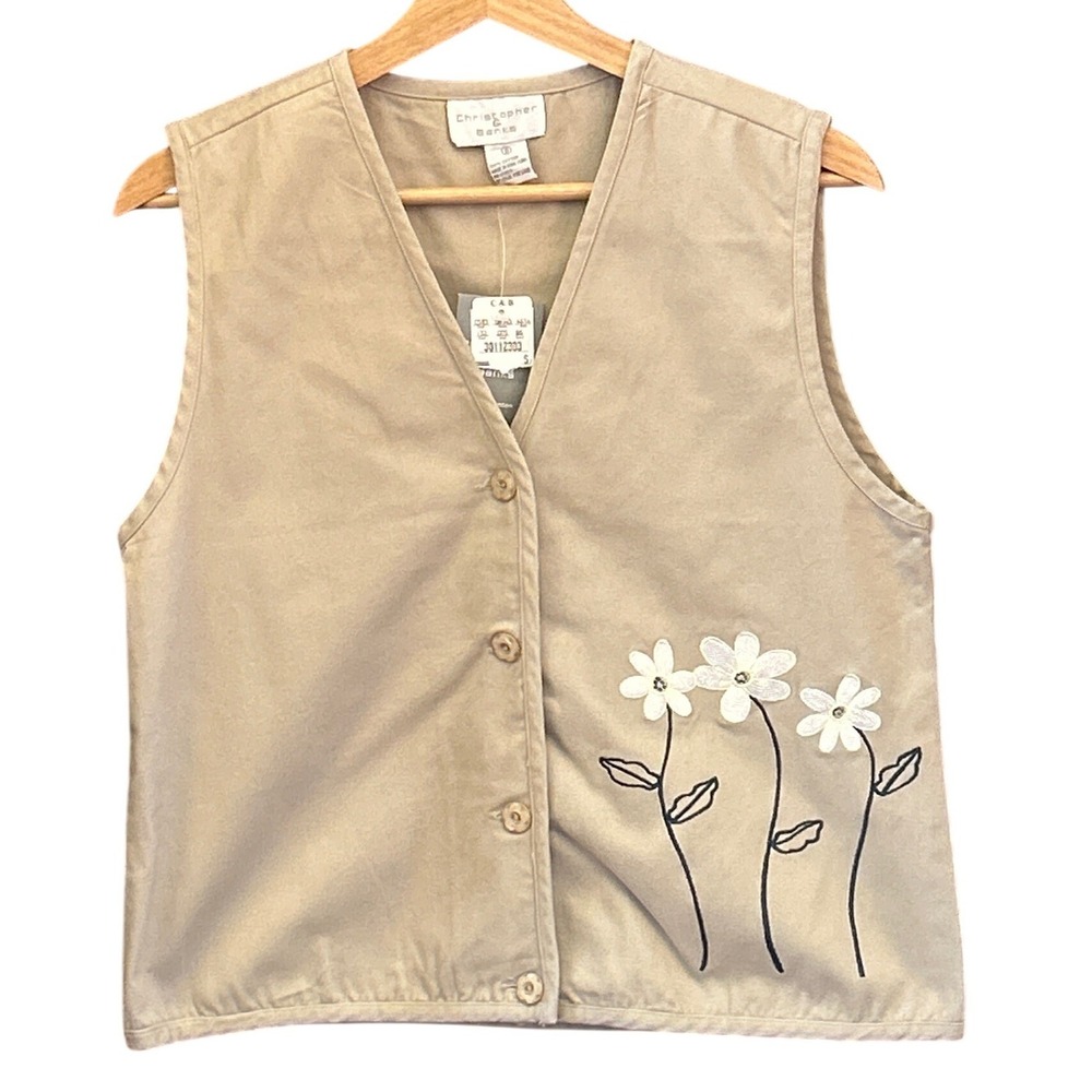 90s Christopher & Banks Cotton Vest Cottagecore Grandma Core Khaki Tan Floral S